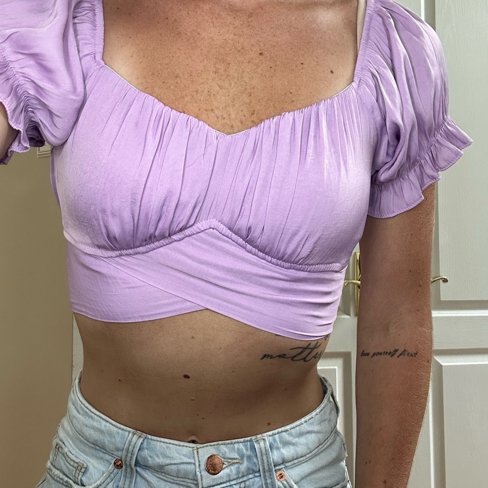 Purple Ruched Puff Sleeve Crop Blouse
